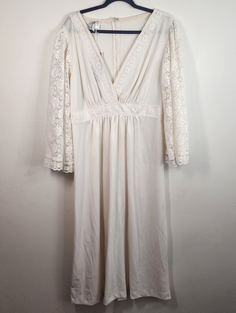 NWT Vintage 1960s XL 16 Style Cream Sundress Lace Sleeves Floral Wedding Retro